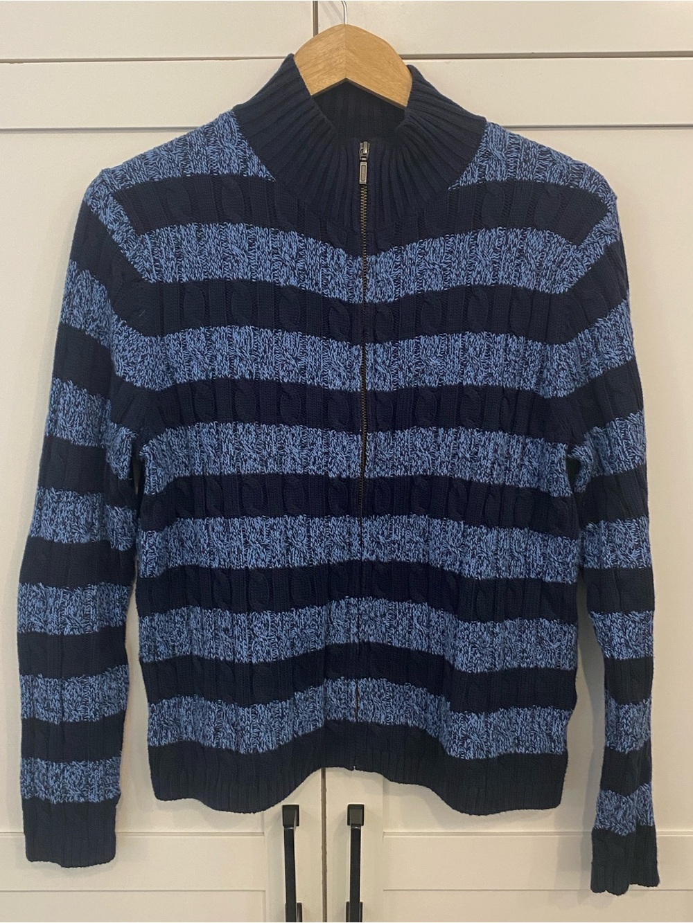 L.L. Bean Navy Striped Cable Knit Full Sweater Jacket Cardigan Cottagecore L PET
